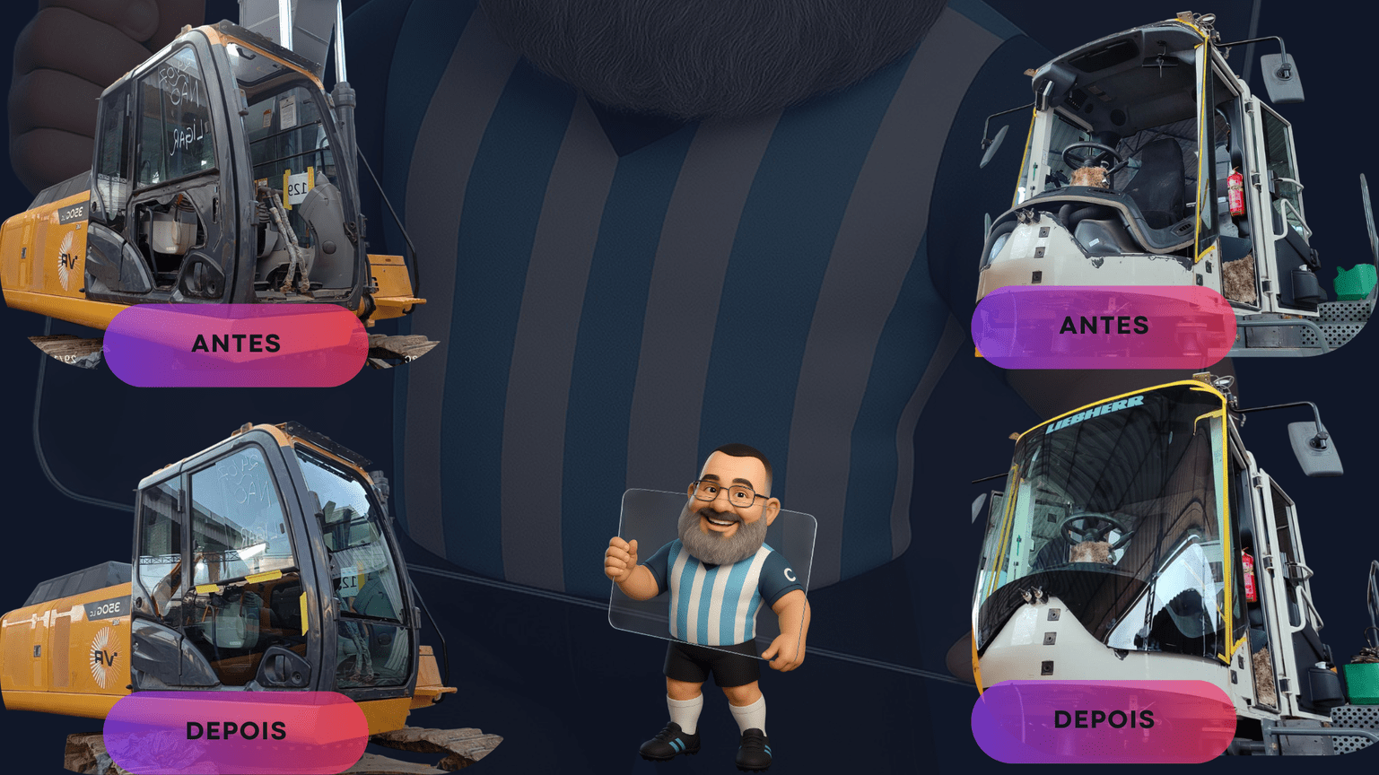 Antes e depois - Instalação de vidros em equipamentos pesados pela Maradona Vidros